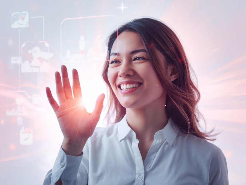 A marketer shapes glowing digital elements with their hands, symbolizing the rise of interactive storytelling and audience engagement in 2025.