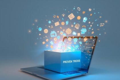 A glowing rocket made of shopping carts and coins launching from a laptop screen with rising analytics, symbolizing explosive e-commerce growth through traffic and sales optimization.