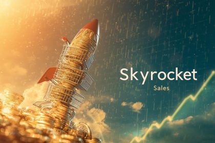 A glowing rocket made of shopping carts and coins launching upward through a digital sky filled with charts, symbolizing growth through marketplace optimisation.