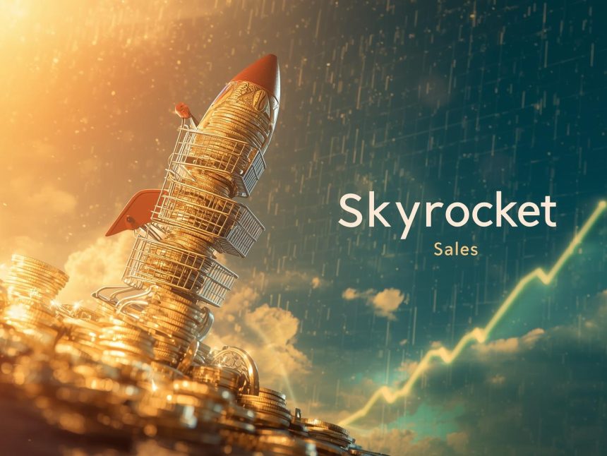 A glowing rocket made of shopping carts and coins launching upward through a digital sky filled with charts, symbolizing growth through marketplace optimisation.