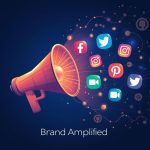 A marketer surrounded by connected glowing icons of Facebook, Instagram, LinkedIn, X, and TikTok, symbolizing unified social media strategies for brand promotion and audience engagement.