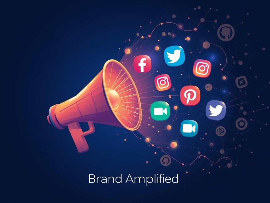 A marketer surrounded by connected glowing icons of Facebook, Instagram, LinkedIn, X, and TikTok, symbolizing unified social media strategies for brand promotion and audience engagement.