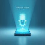 A marketer speaking into a glowing smart speaker surrounded by holographic sound waves, symbolizing the rise of voice search and AI-driven marketing in 2025.