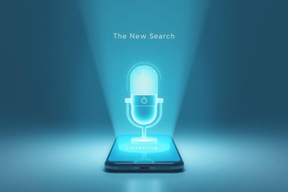 A marketer speaking into a glowing smart speaker surrounded by holographic sound waves, symbolizing the rise of voice search and AI-driven marketing in 2025.