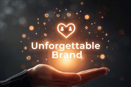 A confident professional standing in a glowing spotlight surrounded by floating social media icons, symbolizing strong digital presence and brand memorability.