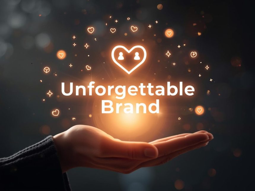 A confident professional standing in a glowing spotlight surrounded by floating social media icons, symbolizing strong digital presence and brand memorability.