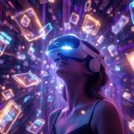 A customer stepping through a glowing digital portal into a virtual store while wearing a VR headset, symbolizing immersive shopping and brand engagement through virtual reality.