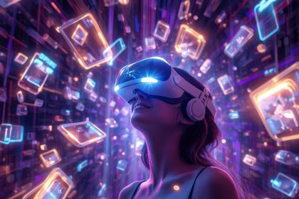 A customer stepping through a glowing digital portal into a virtual store while wearing a VR headset, symbolizing immersive shopping and brand engagement through virtual reality.