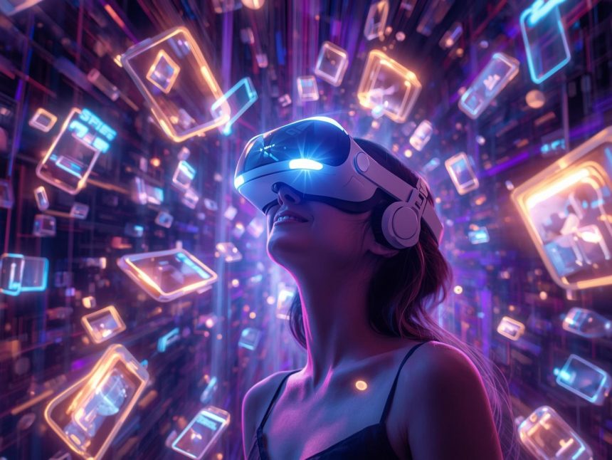 A customer stepping through a glowing digital portal into a virtual store while wearing a VR headset, symbolizing immersive shopping and brand engagement through virtual reality.