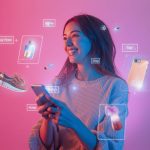 A smiling shopper swiping through holographic products projected from a smartphone, symbolizing the future of online and mobile commerce.