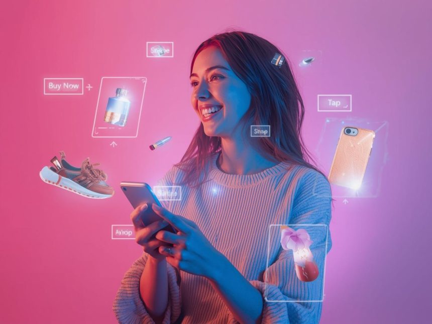 A smiling shopper swiping through holographic products projected from a smartphone, symbolizing the future of online and mobile commerce.