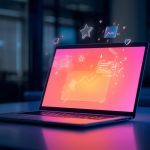 A marketer types into a glowing chat interface surrounded by floating messages and emojis, symbolizing how interactive chats drive engagement in digital marketing.