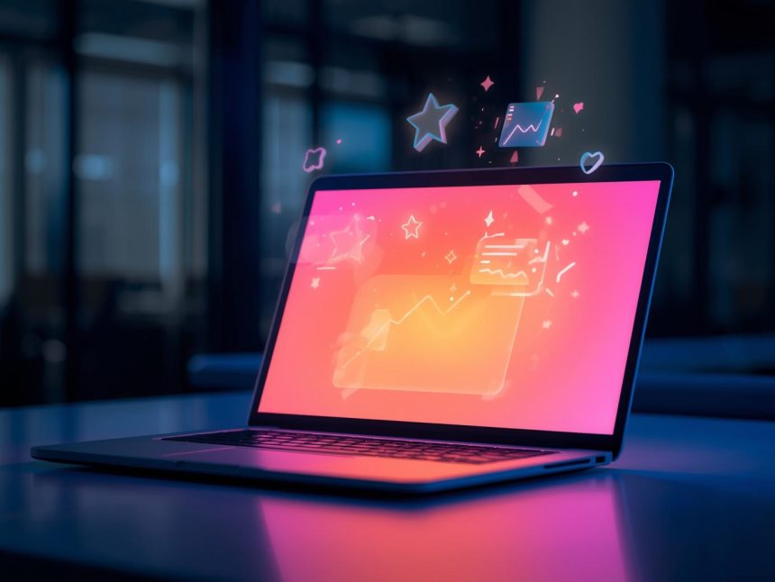 A marketer types into a glowing chat interface surrounded by floating messages and emojis, symbolizing how interactive chats drive engagement in digital marketing.