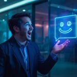 A marketer shaking hands with a glowing AI chatbot avatar while holographic chat windows display customer interactions and sales results, symbolizing the chatbot marketing revolution.