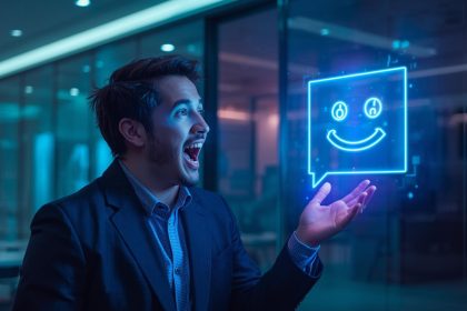 A marketer shaking hands with a glowing AI chatbot avatar while holographic chat windows display customer interactions and sales results, symbolizing the chatbot marketing revolution.