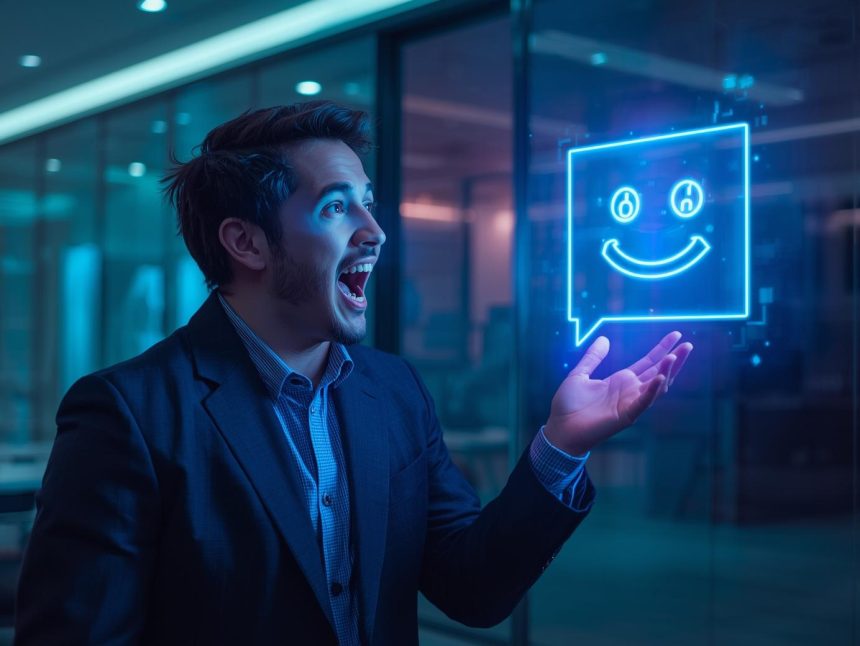 A marketer shaking hands with a glowing AI chatbot avatar while holographic chat windows display customer interactions and sales results, symbolizing the chatbot marketing revolution.