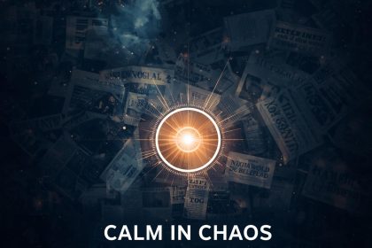 A calm professional holding a glowing umbrella made of digital light while online headlines and social media comments swirl around, symbolizing reputation management and resilience.