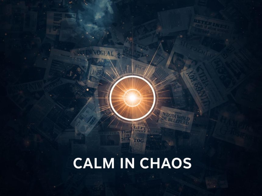 A calm professional holding a glowing umbrella made of digital light while online headlines and social media comments swirl around, symbolizing reputation management and resilience.