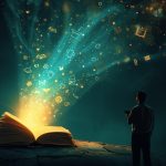 A marketer opening a glowing tablet that releases light, icons, and stories, symbolizing the power of storytelling to attract and win loyal customers.