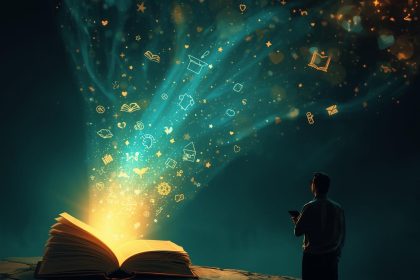 A marketer opening a glowing tablet that releases light, icons, and stories, symbolizing the power of storytelling to attract and win loyal customers.