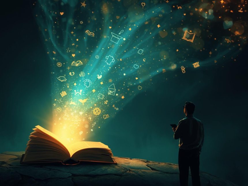 A marketer opening a glowing tablet that releases light, icons, and stories, symbolizing the power of storytelling to attract and win loyal customers.