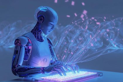 A glowing humanoid AI typing on a holographic keyboard while generating text in the air, symbolizing the AI writing revolution transforming content creation.