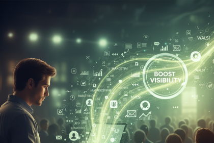 A marketer working on a laptop as glowing arrows and search icons rise upward, symbolizing how SEO boosts website visibility and ranking.