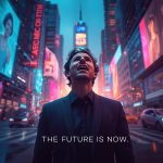 A marketer’s face illuminated by holographic screens showing futuristic ads, analytics, and emojis, symbolizing the innovation and excitement of digital marketing in 2025.