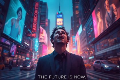 A marketer’s face illuminated by holographic screens showing futuristic ads, analytics, and emojis, symbolizing the innovation and excitement of digital marketing in 2025.