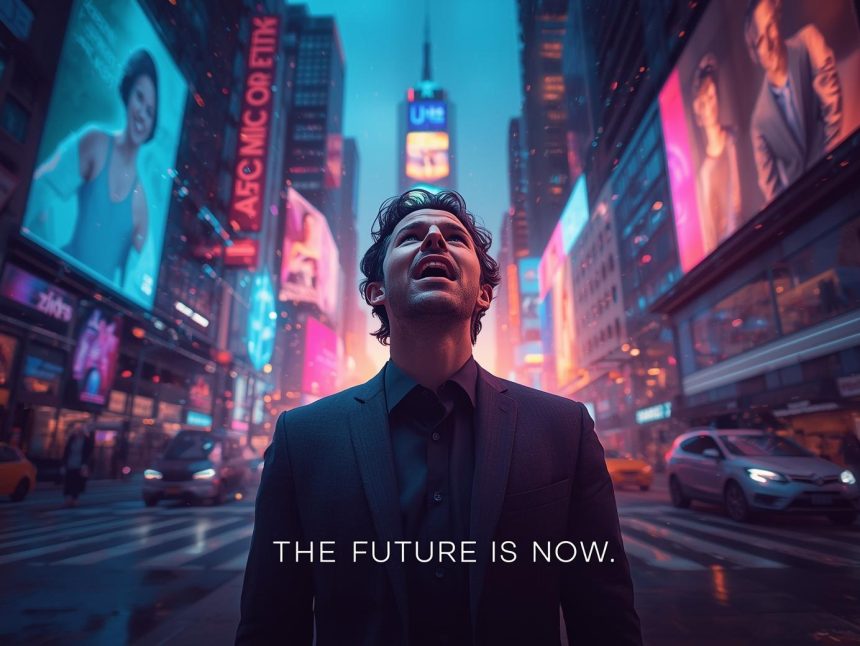 A marketer’s face illuminated by holographic screens showing futuristic ads, analytics, and emojis, symbolizing the innovation and excitement of digital marketing in 2025.