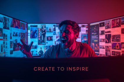A passionate creator surrounded by glowing digital screens showing videos, blogs, and social media posts, symbolizing the power of content creation in today’s digital world.
