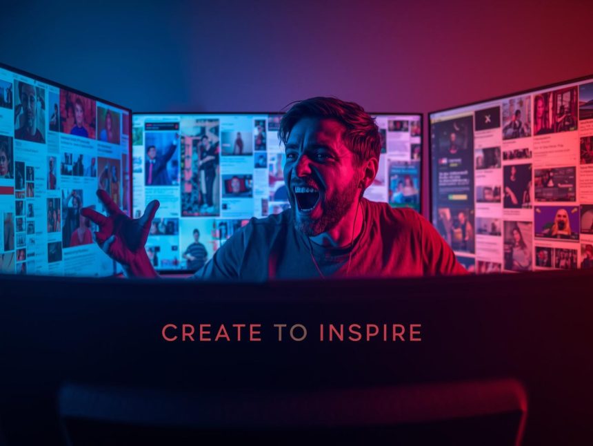 A passionate creator surrounded by glowing digital screens showing videos, blogs, and social media posts, symbolizing the power of content creation in today’s digital world.