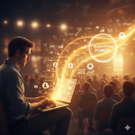 A marketer surrounded by holographic blogs, videos, and engagement icons forming a rising graph, representing how content marketing drives engagement and growth.