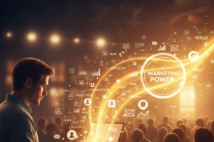 A marketer surrounded by holographic blogs, videos, and engagement icons forming a rising graph, representing how content marketing drives engagement and growth.