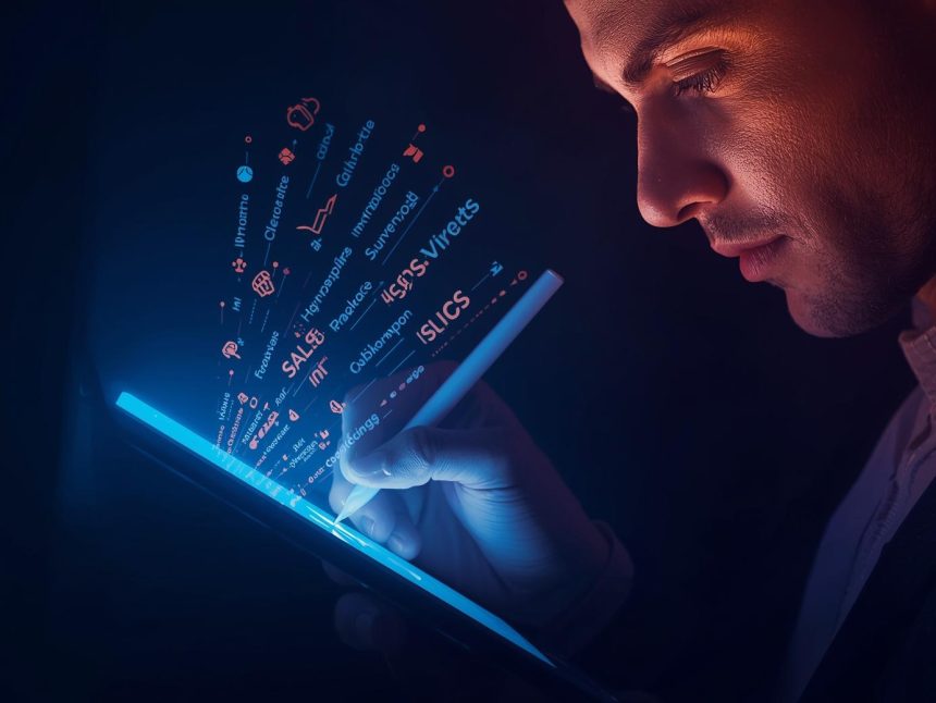 A copywriter typing on a glowing laptop as golden words and dollar symbols flow outward, symbolizing how powerful copywriting converts words into sales.