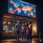 A smiling small business owner standing in front of a shop surrounded by glowing map pins and upward arrows, representing how Local SEO boosts small businesses in 2025.