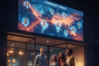 A smiling small business owner standing in front of a shop surrounded by glowing map pins and upward arrows, representing how Local SEO boosts small businesses in 2025.
