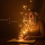 A storyteller surrounded by glowing words forming heart-shaped light patterns, symbolizing how storytelling connects people through emotion and meaning.