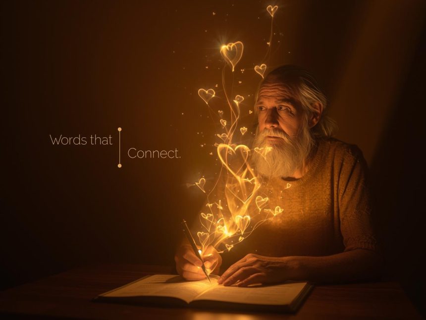 A storyteller surrounded by glowing words forming heart-shaped light patterns, symbolizing how storytelling connects people through emotion and meaning.