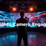 A marketer filming with a camera surrounded by glowing play icons and engagement symbols, symbolizing the impact of video marketing in capturing attention and driving results.