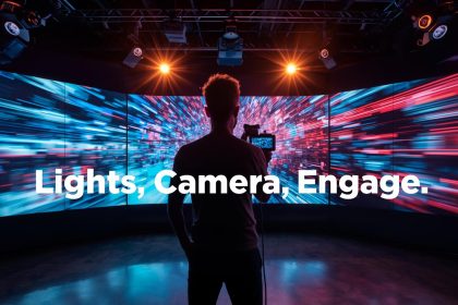 A marketer filming with a camera surrounded by glowing play icons and engagement symbols, symbolizing the impact of video marketing in capturing attention and driving results.