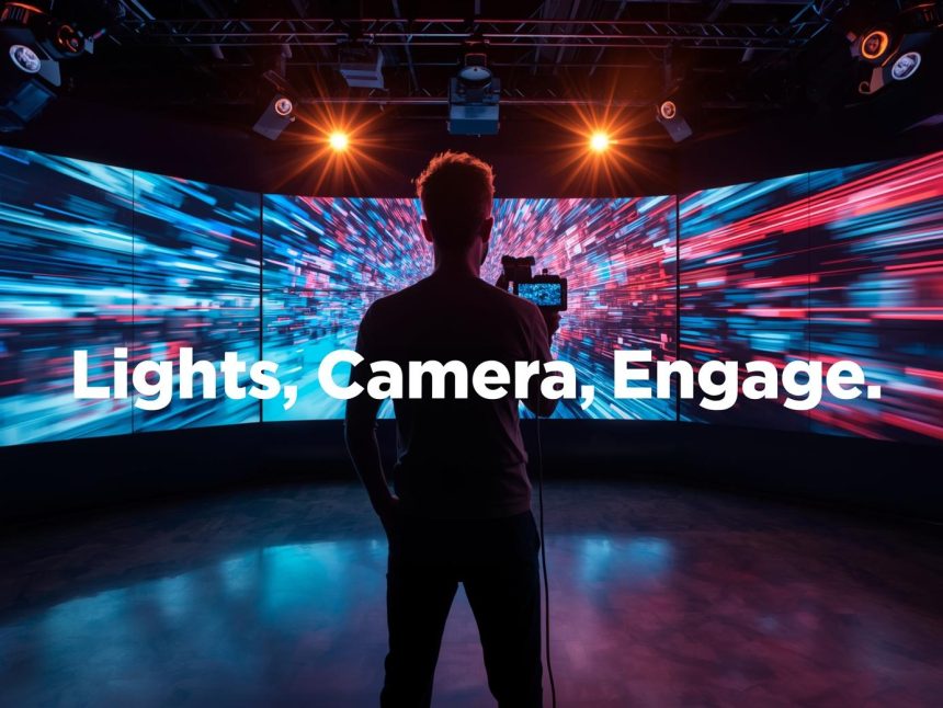 A marketer filming with a camera surrounded by glowing play icons and engagement symbols, symbolizing the impact of video marketing in capturing attention and driving results.