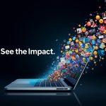 A marketer surrounded by glowing digital screens showing colorful images and videos, representing the power of visual content in today’s digital world.