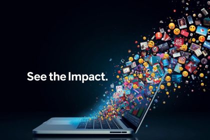 A marketer surrounded by glowing digital screens showing colorful images and videos, representing the power of visual content in today’s digital world.