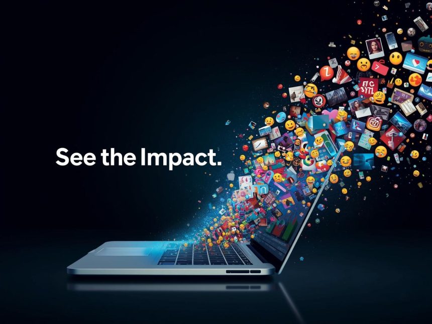 A marketer surrounded by glowing digital screens showing colorful images and videos, representing the power of visual content in today’s digital world.