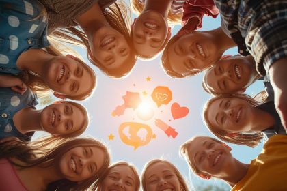 A diverse group of smiling people connected by glowing chat icons, symbolizing the power and appeal of online groups in today’s digital world.
