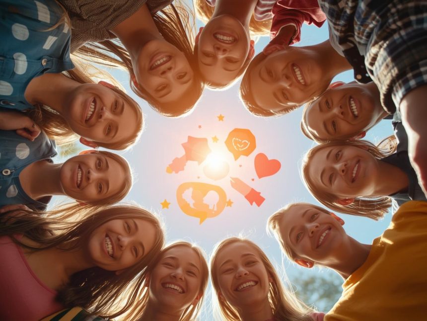 A diverse group of smiling people connected by glowing chat icons, symbolizing the power and appeal of online groups in today’s digital world.