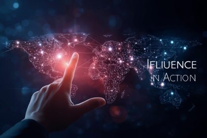 A confident business leader standing on a glowing digital city skyline, symbolizing vision, authority, and influence through thought leadership.