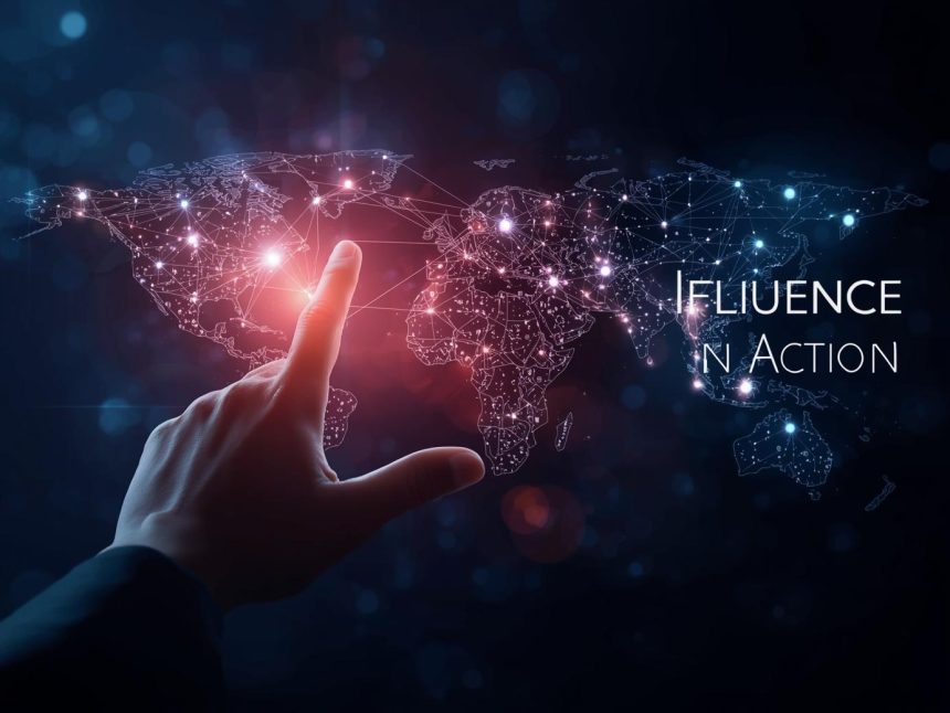 A confident business leader standing on a glowing digital city skyline, symbolizing vision, authority, and influence through thought leadership.