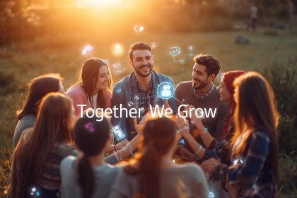 A diverse group of connected people surrounded by glowing digital lines symbolizing thriving online communities and the power of collective marketing in 2025.